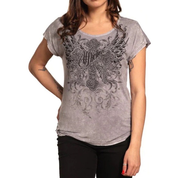 Affliction Tops - NWT Affliction Caldwell Creek T-Shirt Women Size Small Gray Rhinestones Wings